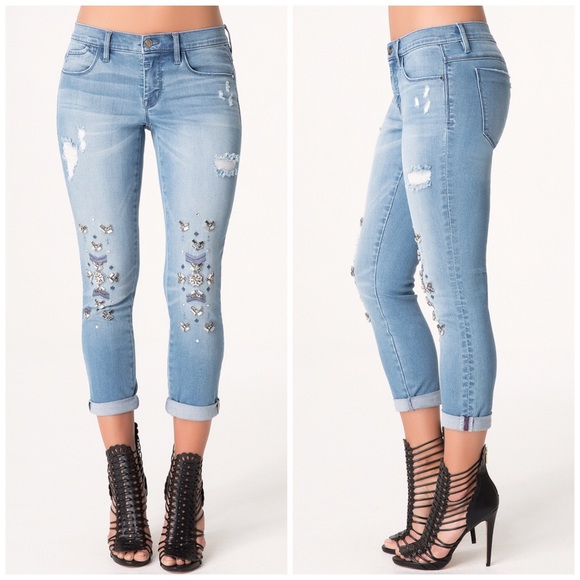 bebe Denim - Bebe Distressed Denim Jewel Embellished Jean